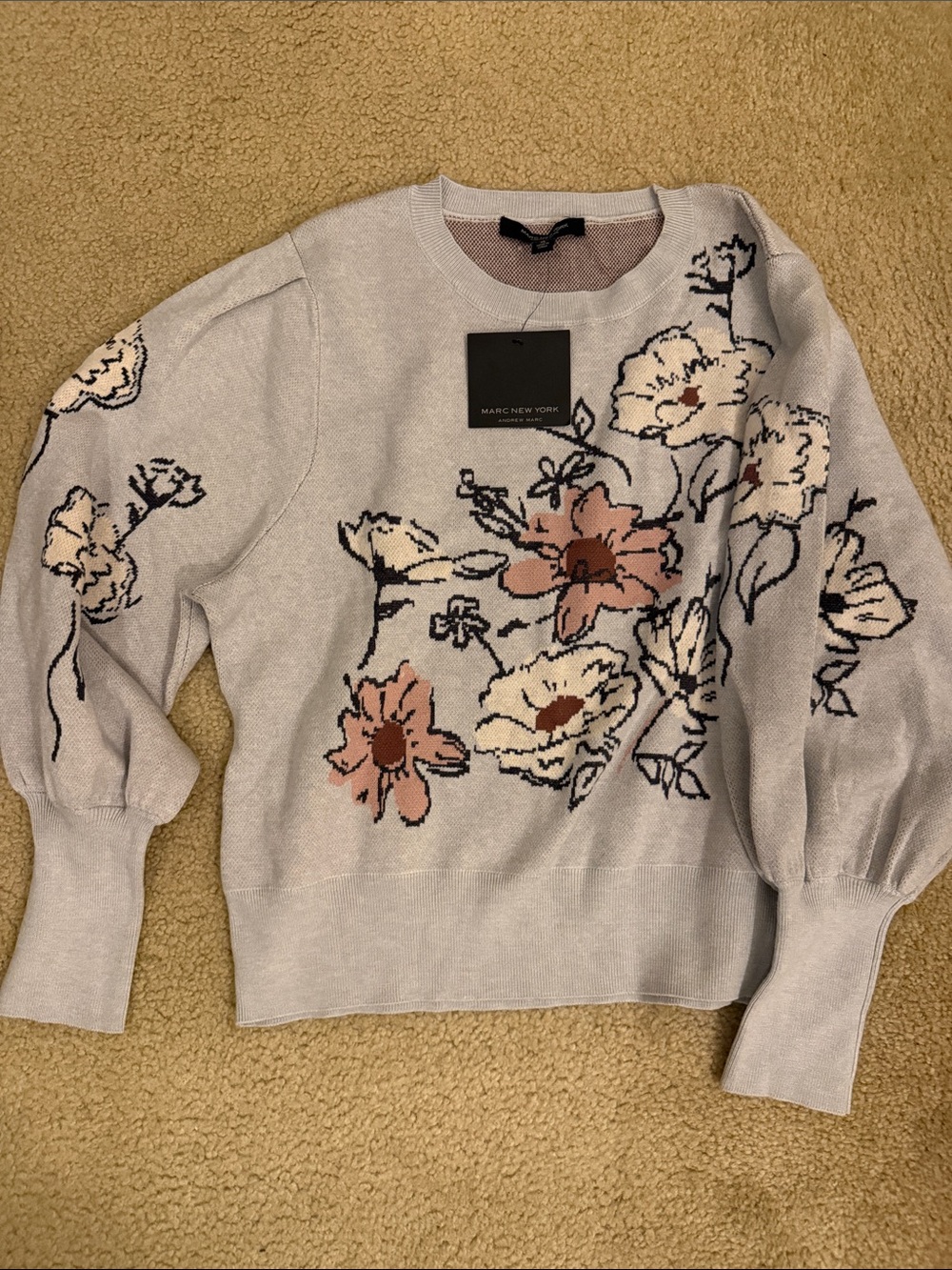 Marc New York Lavender Crewneck Sweater with Pink & Cream Floral Jacquard